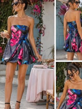 Express strapless bubble hem dress, pink and blue abstract floral design size 2
